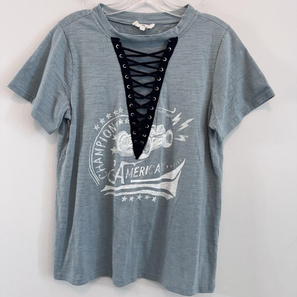 Entro Lace Up Graphic Tee Shirt Women's L Blue American Racing Y2K